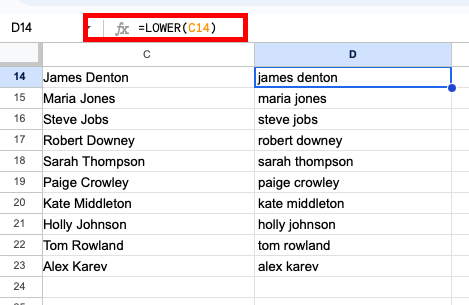 Mengonversi teks menjadi huruf kecil (LOWER): lembar contekan lembar kerja google