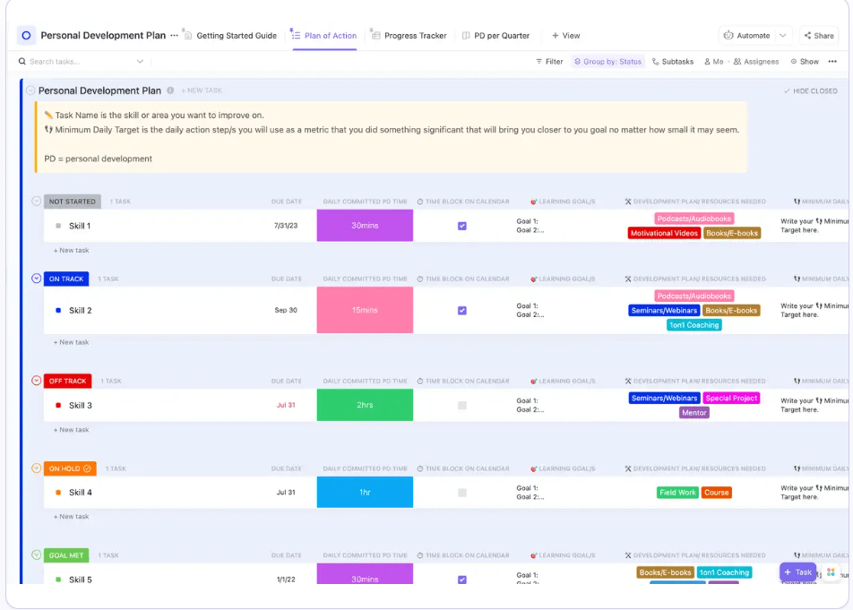 Acompanhe o crescimento e o desenvolvimento de seus funcionários com o modelo de plano de desenvolvimento pessoal do ClickUp