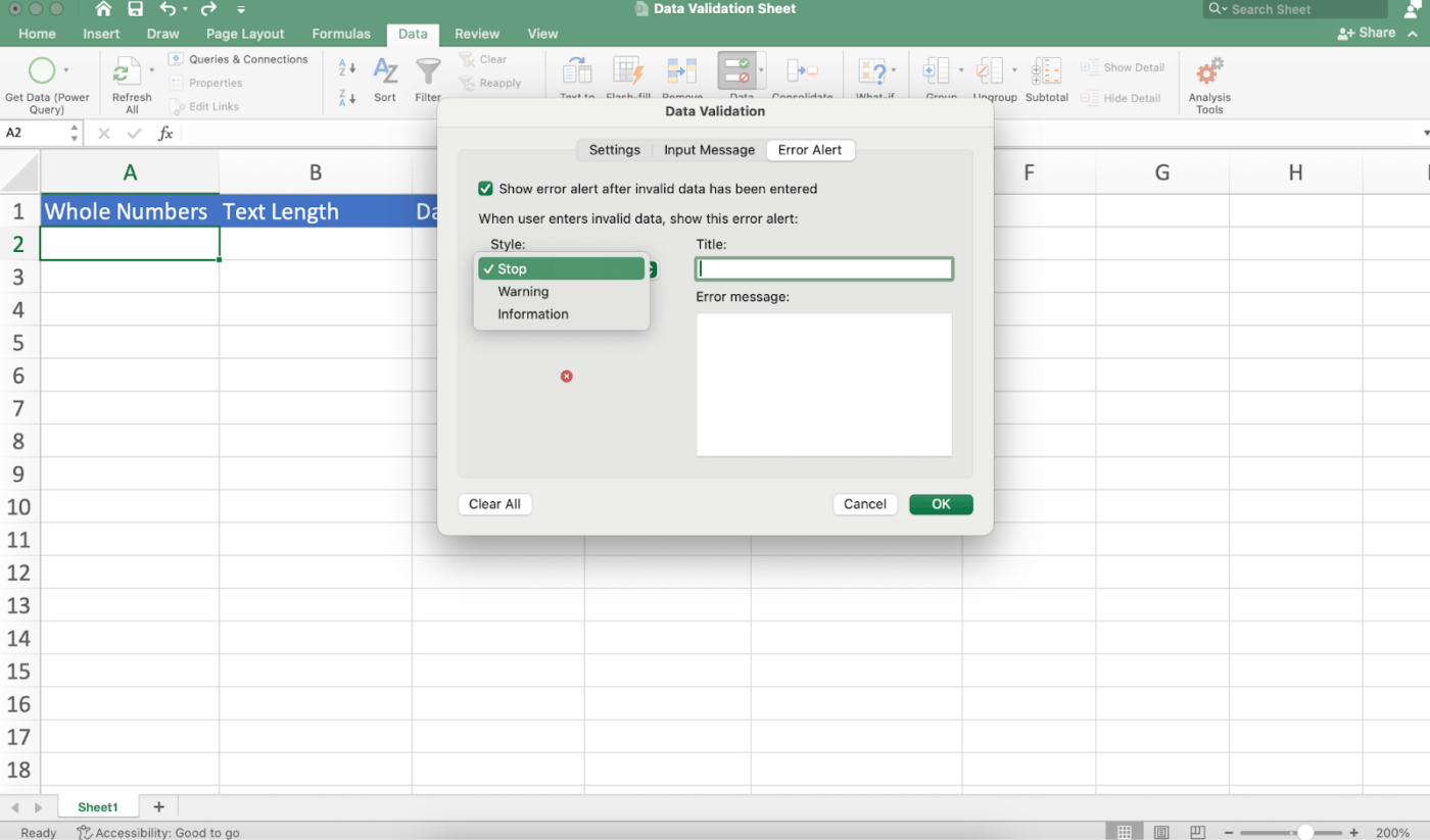 Funkcja rozwijanej listy stylów: Data Validation excel