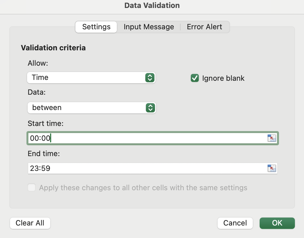 Time Validation Criteria