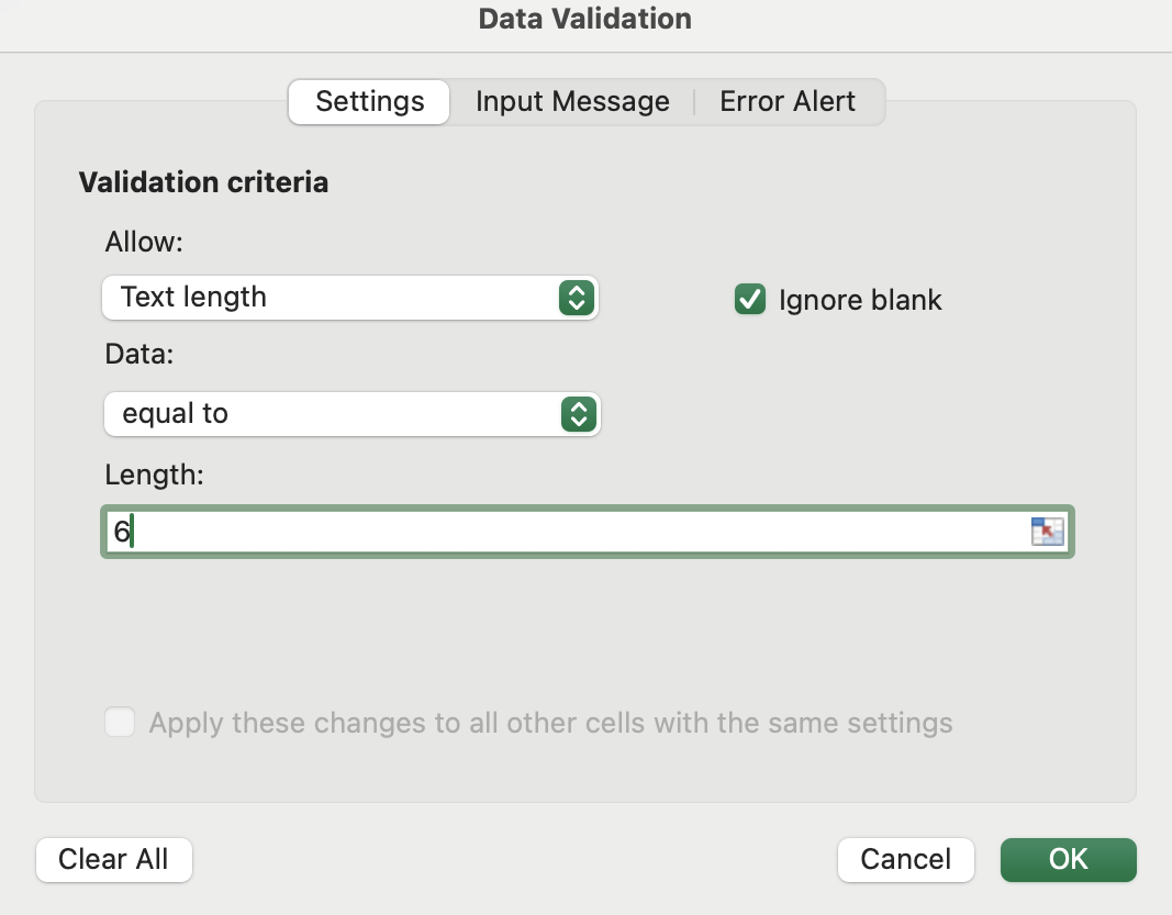 Text length Validation criteria