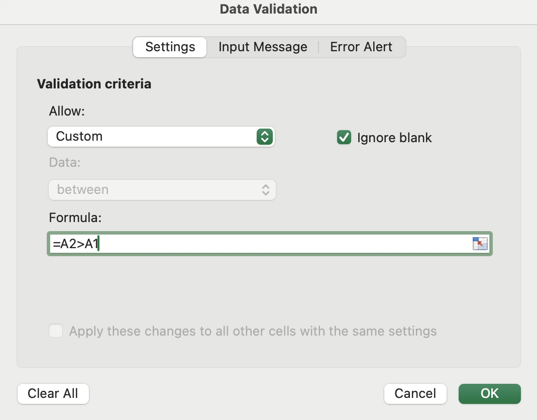 Custom Validation Criteria: Data Validation excel