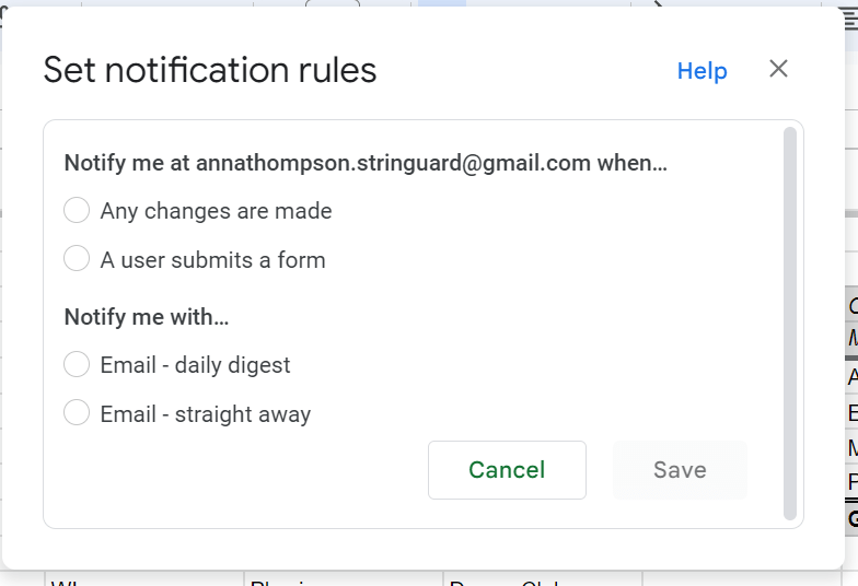 Regras de notificação de e-mail: automação do Google Sheets