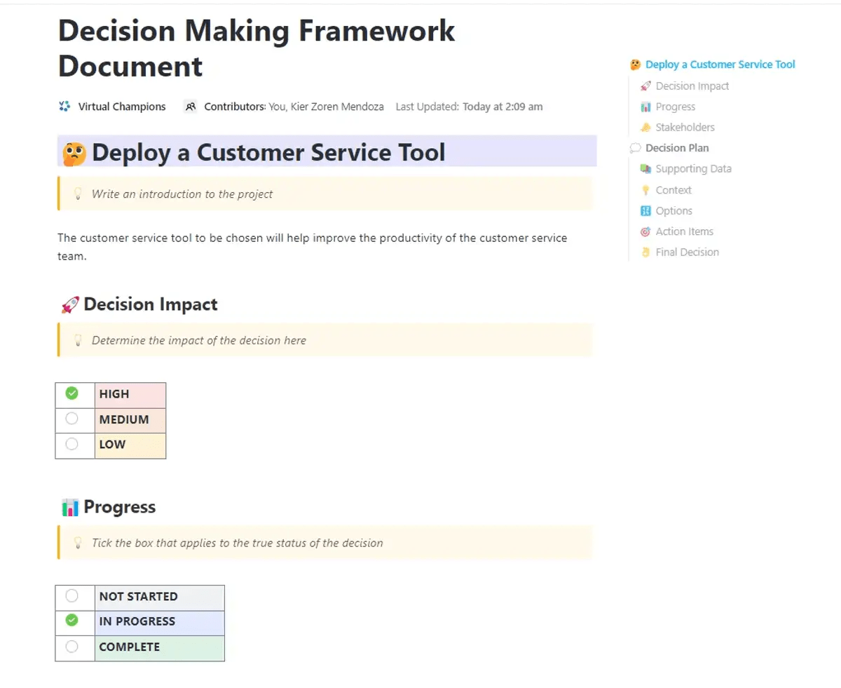 Crie uma diretriz abrangente do processo de tomada de decisão usando o Modelo de Documento da Estrutura de Tomada de Decisão do ClickUp