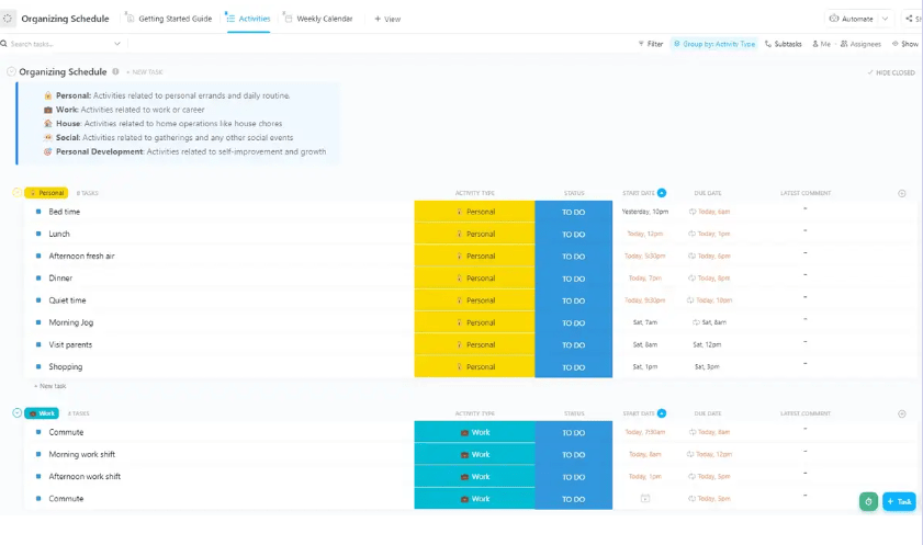 Planeje e mantenha-se organizado com uma visão geral fácil de seguir de suas tarefas usando o ClickUp Organizing Schedule List Template