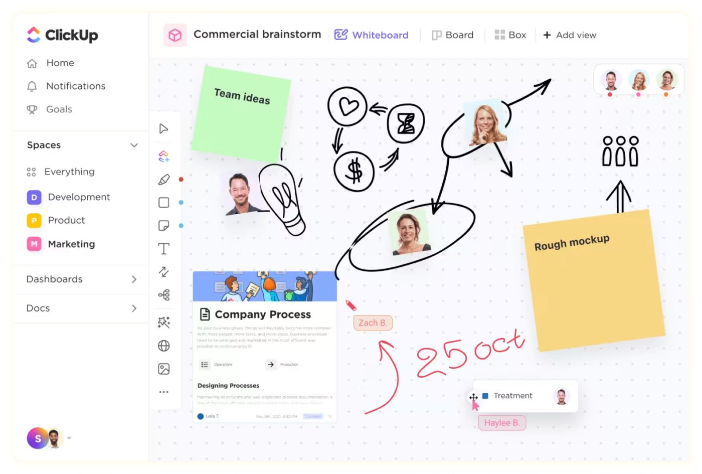 ClickUp Whiteboard for product launch checklist