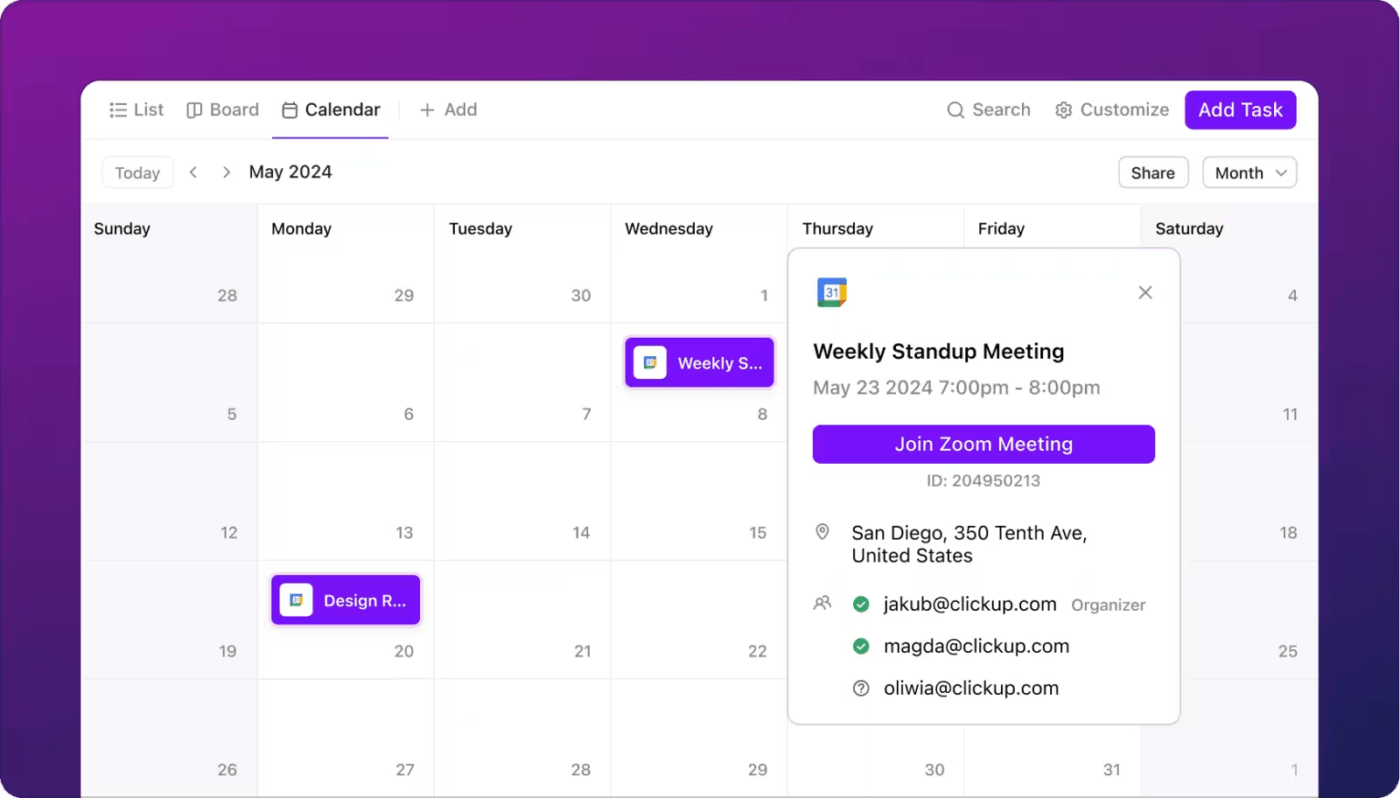 ClickUp Calendar para lista de verificação de lançamento de produtos