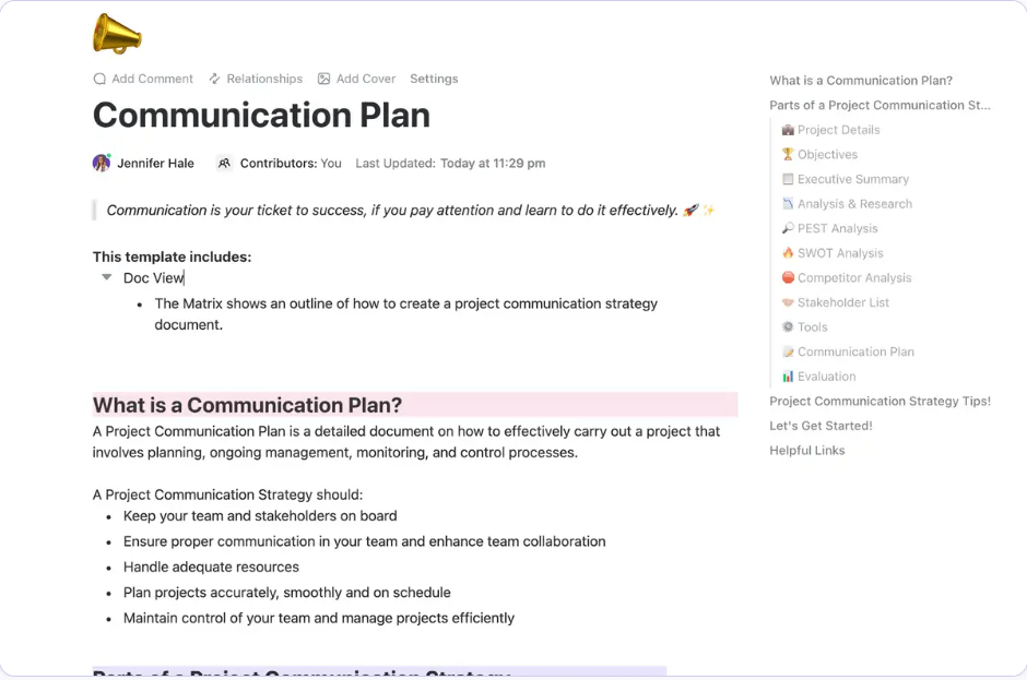 Stwórz kompleksowy plan komunikacji w projekcie, korzystając z szablonu planu komunikacji ClickUp