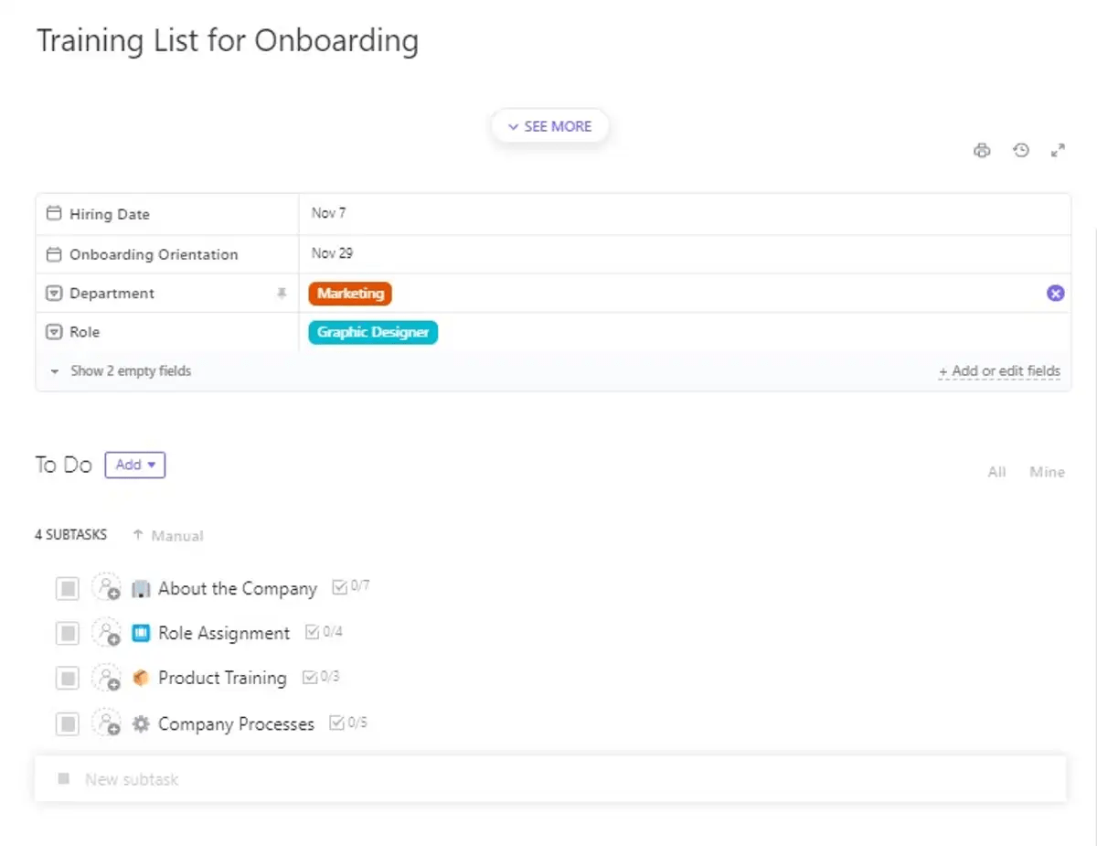 Visualize your onboarding process with ClickUp’s Training List Template