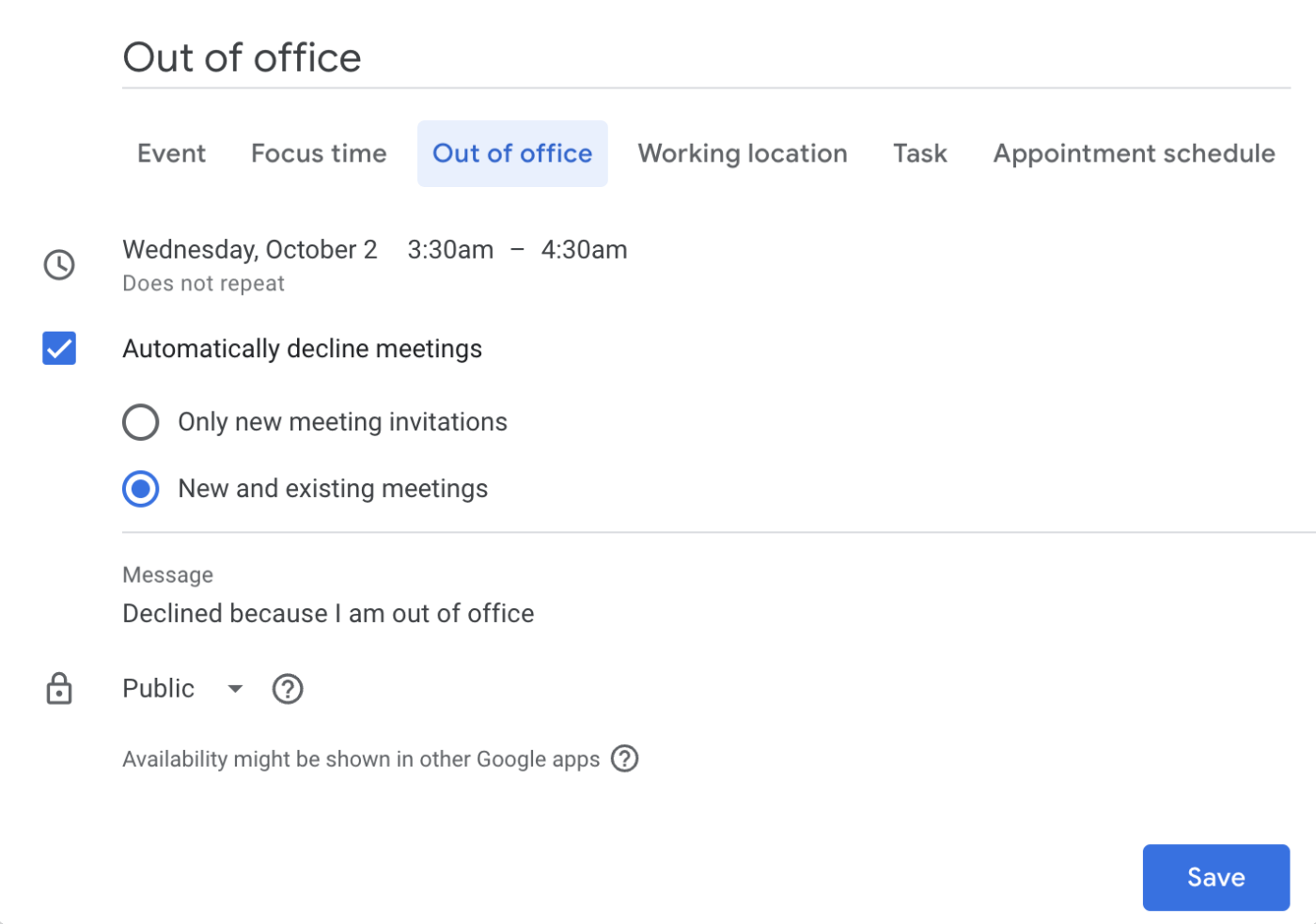 Calendar's Out of Office