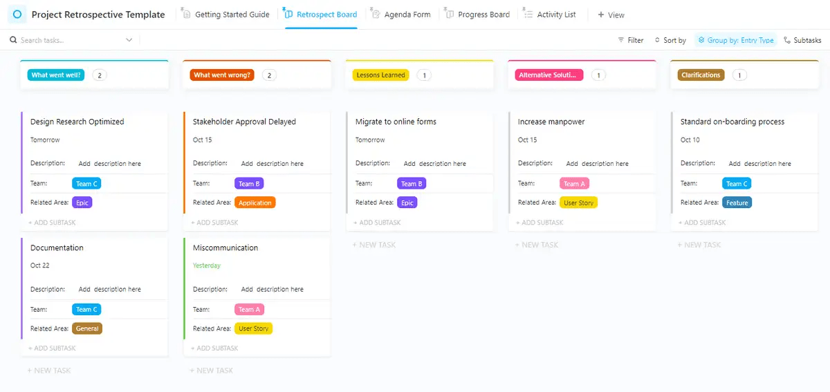 Retrospect on what worked in your last project with the ClickUp Project Retrospective Template