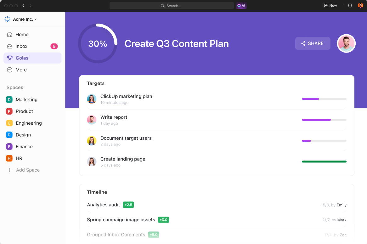 Utilice las Metas de ClickUp para realizar un seguimiento de las metas al implementar el cambio utilizando el Modelo de Cambio de Lewin