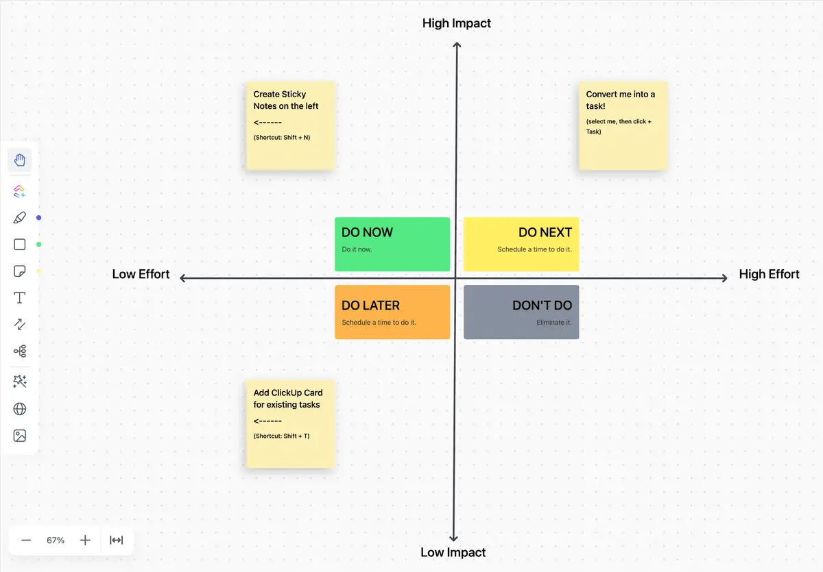 Prioritize items visually and collaboratively on ClickUp’s Impact Effort Matrix Template