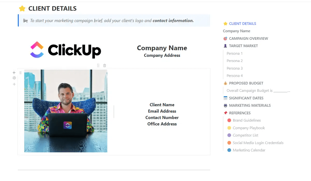 Defina la meta de su campaña, aporte ideas creativas y organice los entregables para cada fase del proyecto con la plantilla de resumen de campaña de marketing de ClickUp