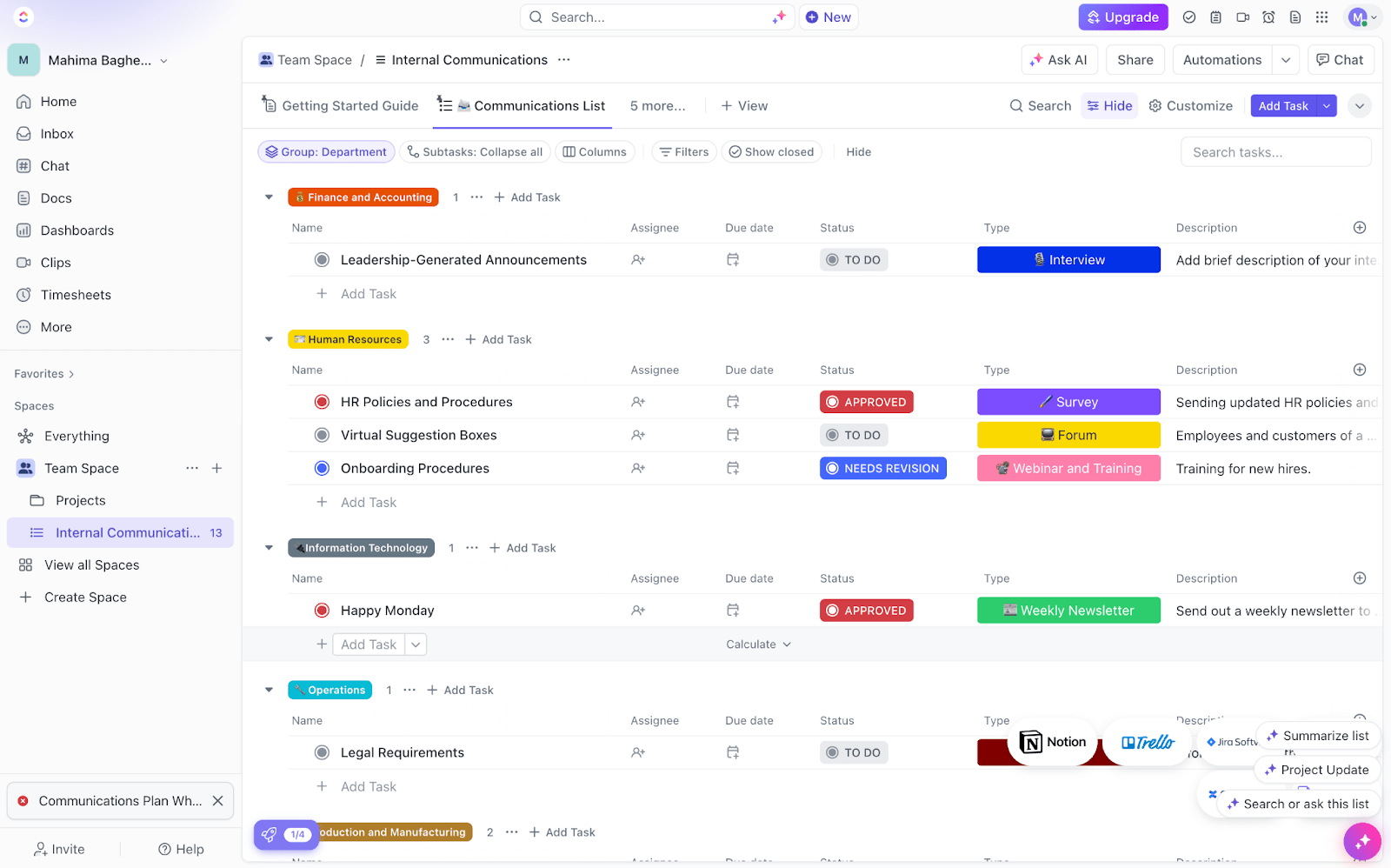 Nachverfolgung des Fortschritts bei Aufgaben mit der Vorlage für interne Kommunikation von ClickUp