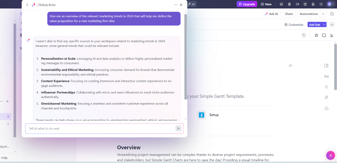 ClickUp Brain: 가치 제안 예시