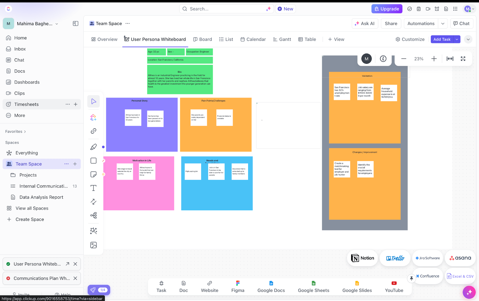 Utilize o modelo de quadro branco do ClickUp Persona para pesquisar e identificar seus clientes-alvo.   