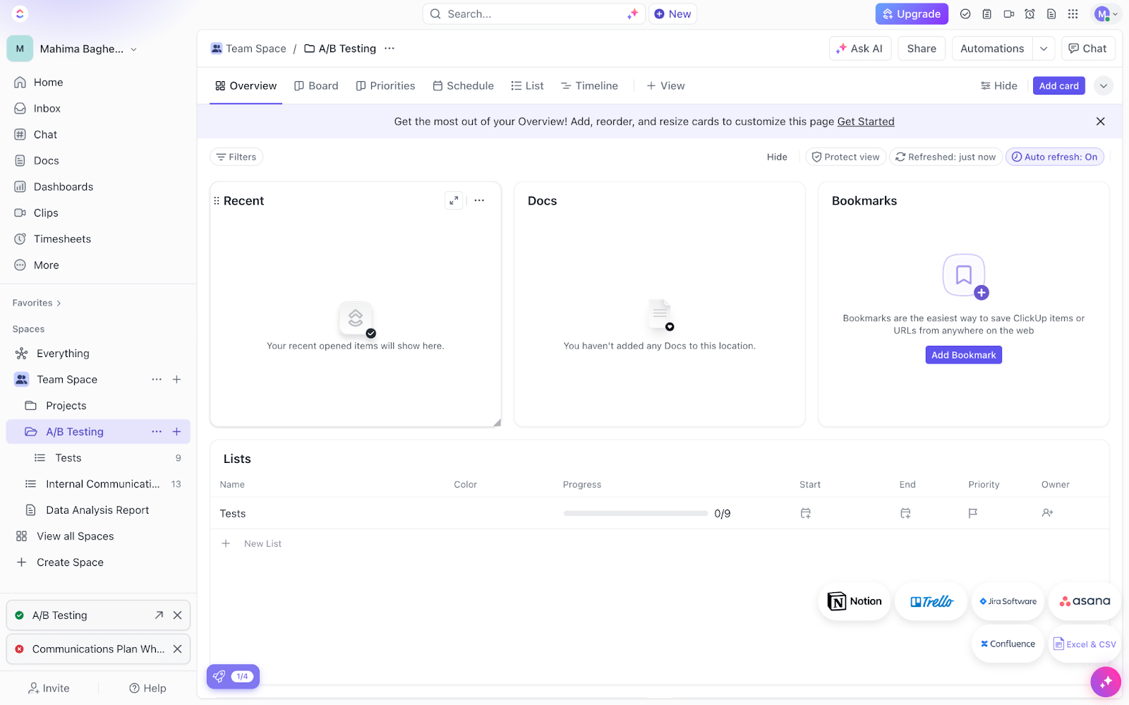 ClickUp의 A/B 테스트 템플릿으로 A/B 사용자 테스트를 수행하여 제품을 개선하세요