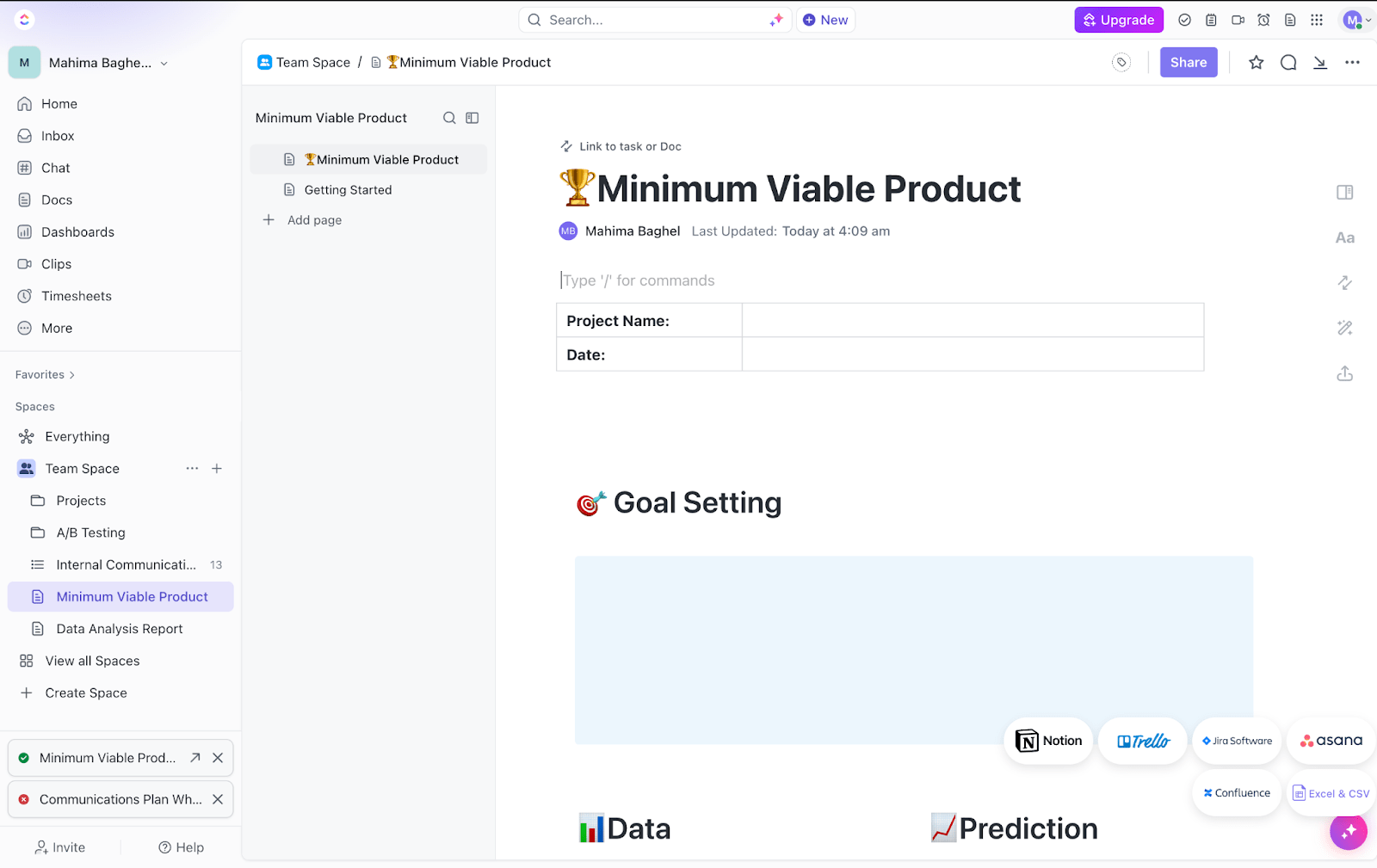 ClickUpのMVP（Minimum Viable Product）テンプレートを使ってMVPを作成し、製品の市場検証を開始しましょう。