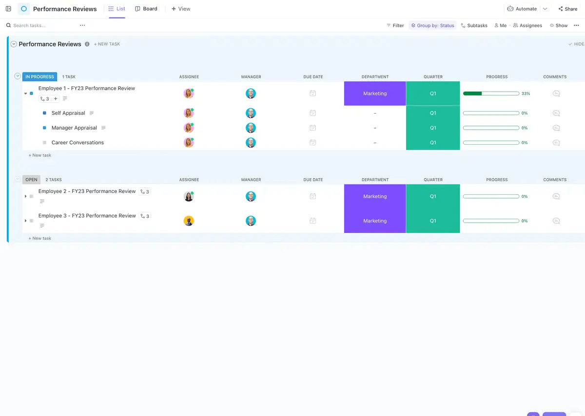 ClickUp Performance Reviews Templateで、従業員の自己評価、マネージャーレビュー、全社的なキャリア会話を管理しましょう。