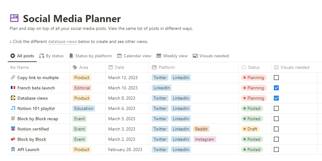 De sjabloon Notion Social Media Planner