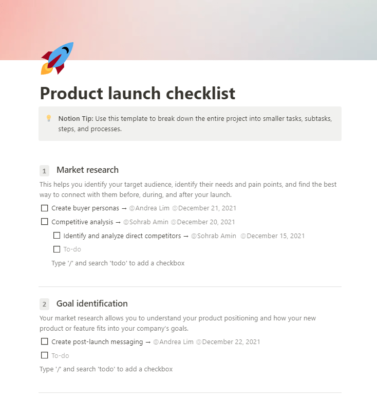 The Notion Product Launch Checklist Template: notion project management templates