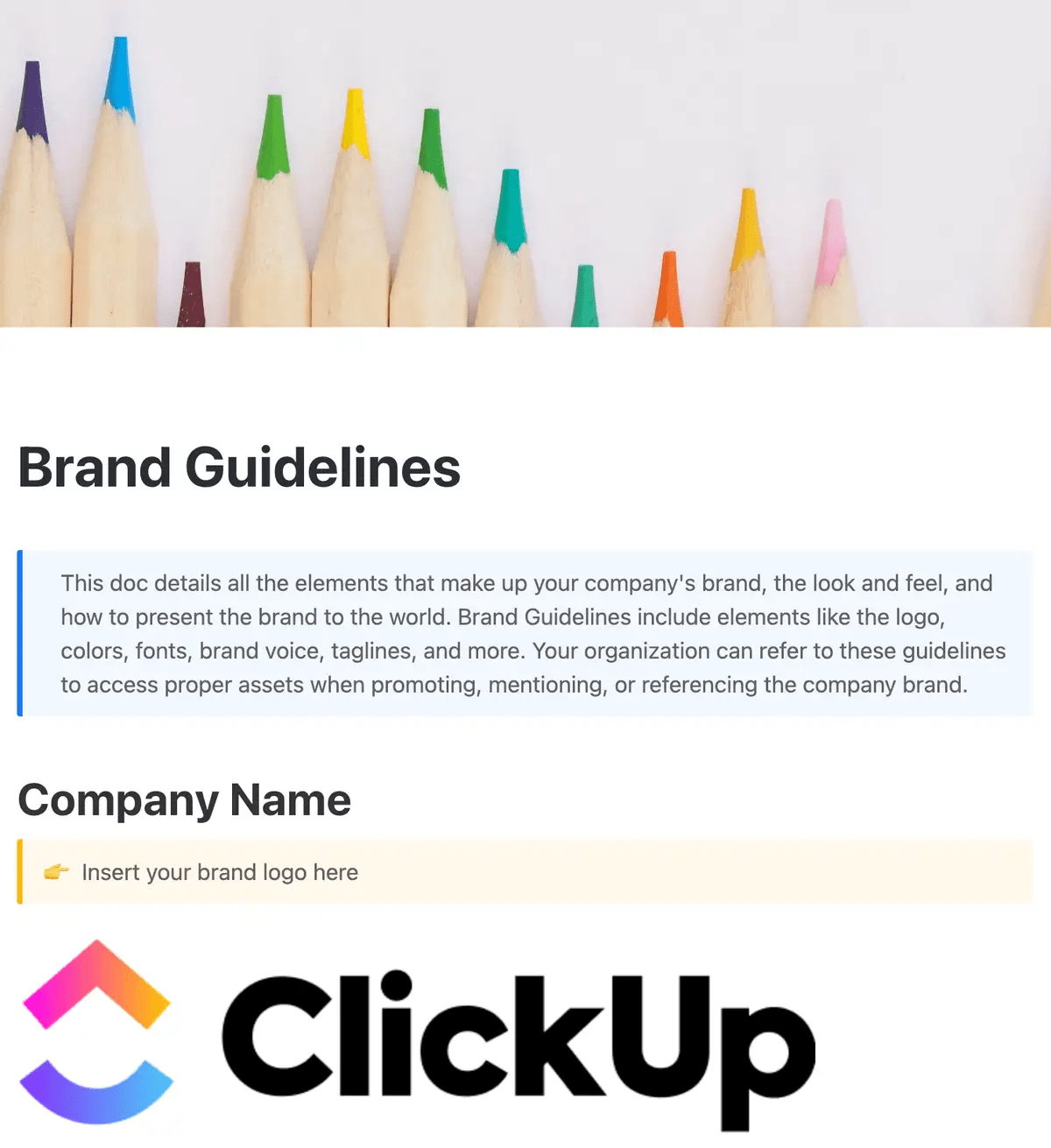 Zdefiniuj tożsamość i standardy swojej marki za pomocą szablonu ClickUp Brand Guidelines