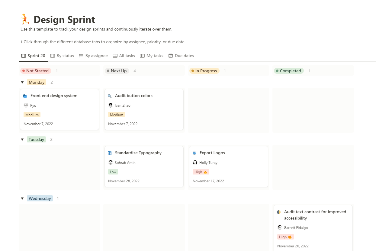 La plantilla del sprint de diseño de Notion