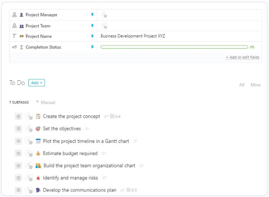 Verwenden Sie die ClickUp Vorlage für den Plan für Projektmanagement-Aufgaben, um komplexe Projekte in überschaubare Teile zu zerlegen