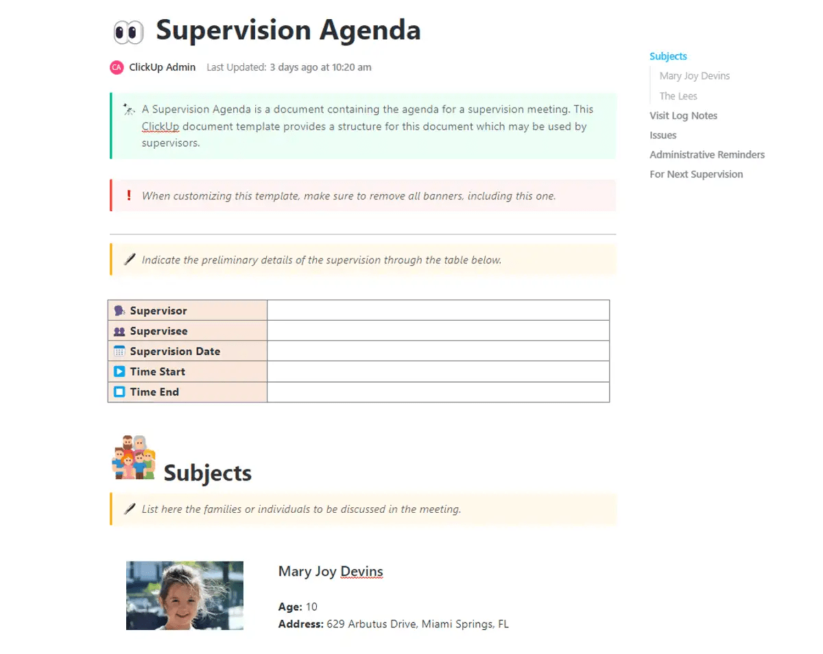 ClickUp’s Supervision Agenda Template