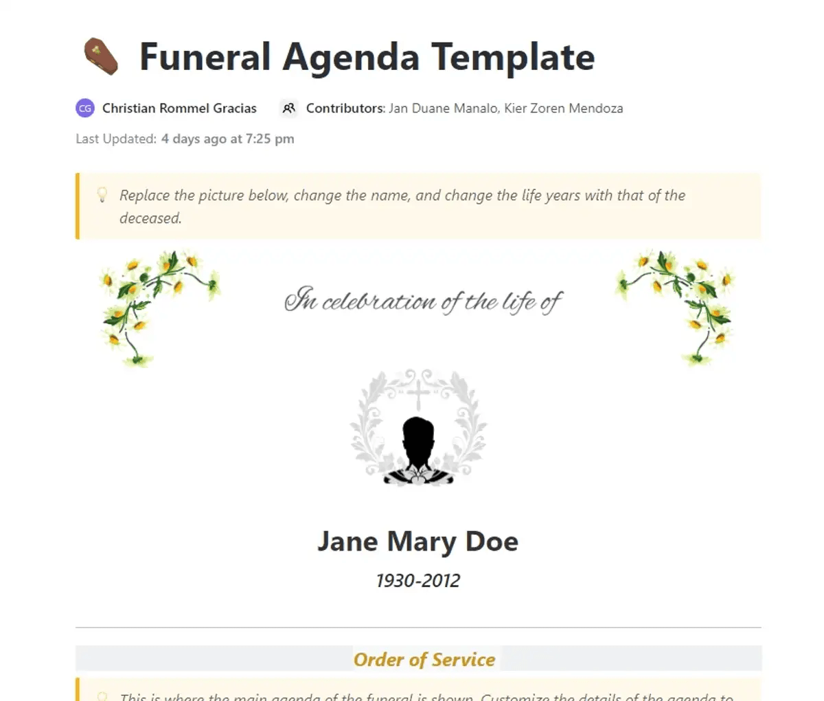 Modelo de agenda de funeral do ClickUp