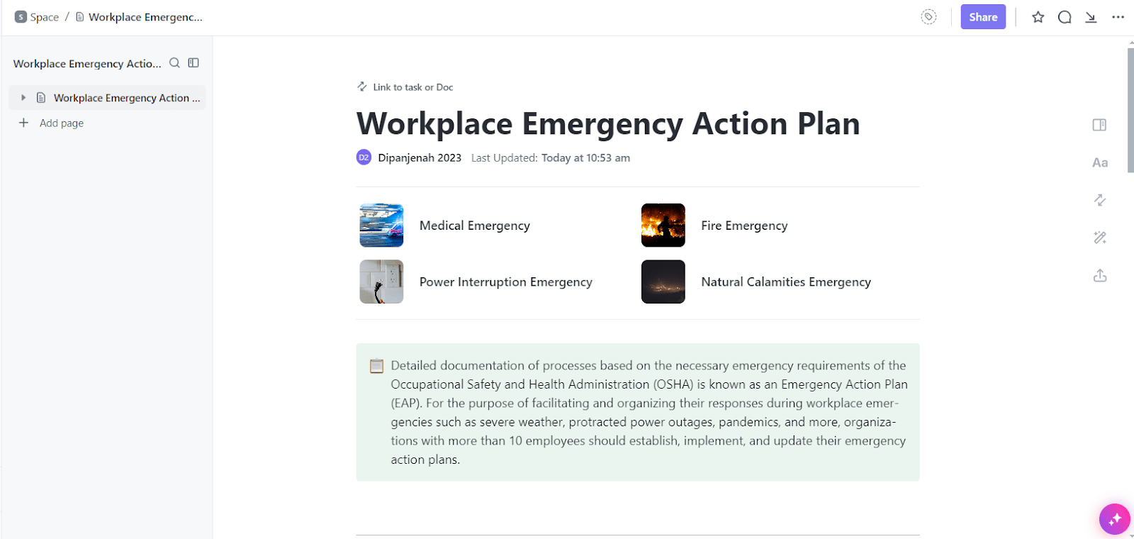 ClickUp Workplace Emergency Action Plan Template: Disaster Recovery Plan Template(s)