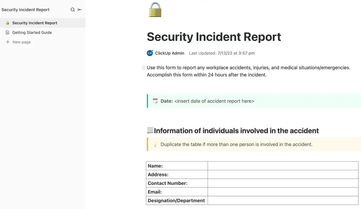 ClickUp Security Incident Report Template: Disaster Recovery Plan Template(s) 