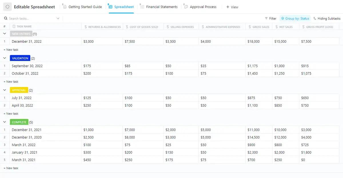 Store, organize, and analyze even your most complex financial statements using ClickUp’s Editable Spreadsheet Template