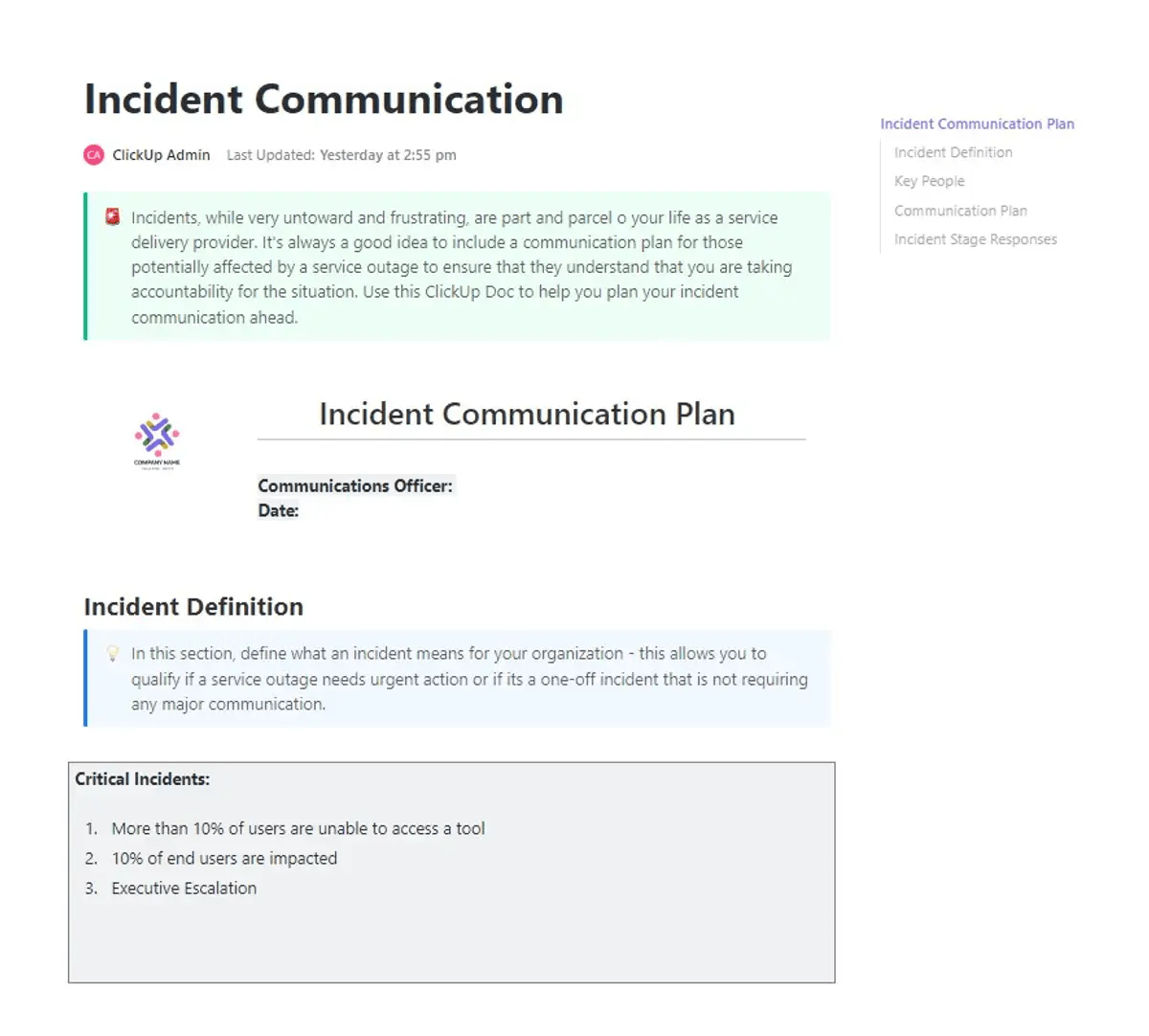 ClickUp’s Incident Communication Plan Template: Disaster Recovery Plan Template(s)
