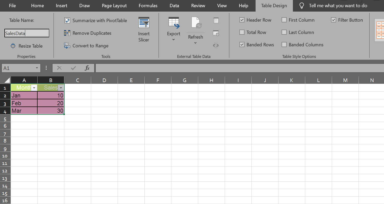 Name the Excel table 