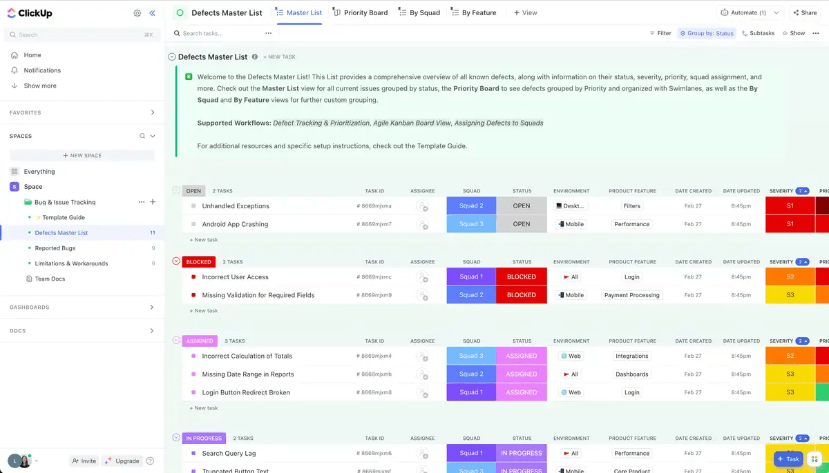 Semplificate il vostro approccio alla revisione del codice attraverso un monitoraggio strutturato dei bug con il modello ClickUp Bug and Issue Tracking