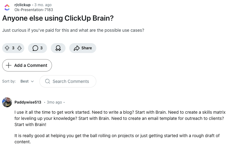 Reddit user's comment on ClickUp Brain