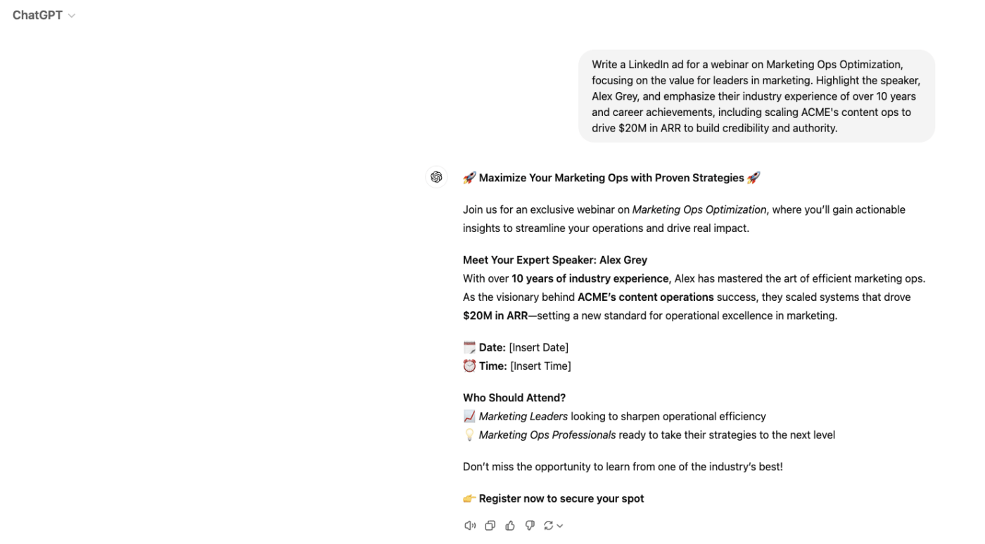 LinkedIn ad for a webinar Prompt: ChatGPT Prompts for Marketing