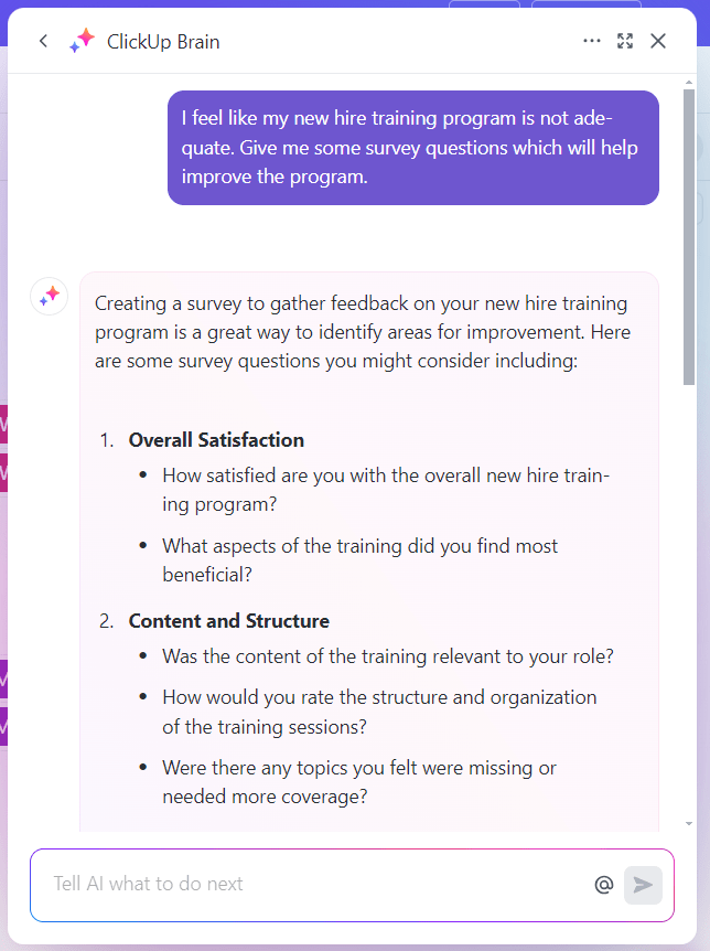 ClickUp Brain: new hire onboarding survey questions