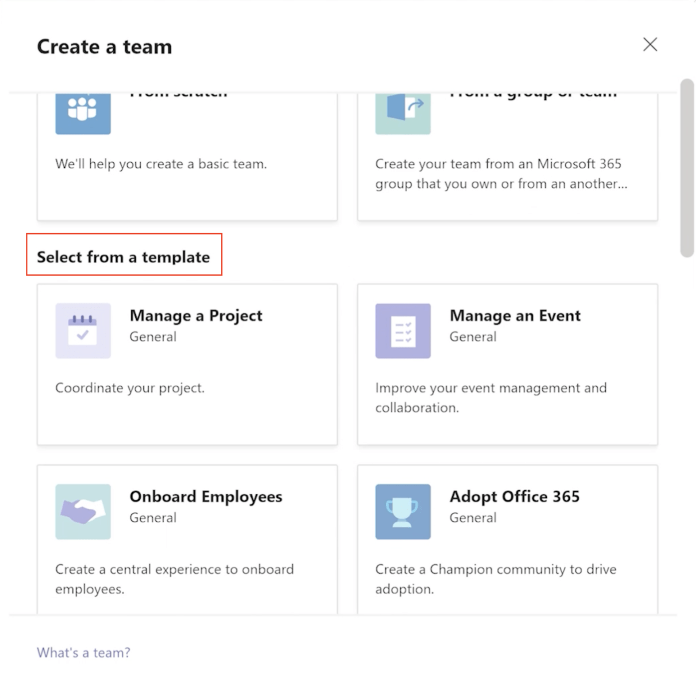 Selecione um modelo para criar novas equipes no Microsoft Teams\Como criar uma equipe no Microsoft Teams