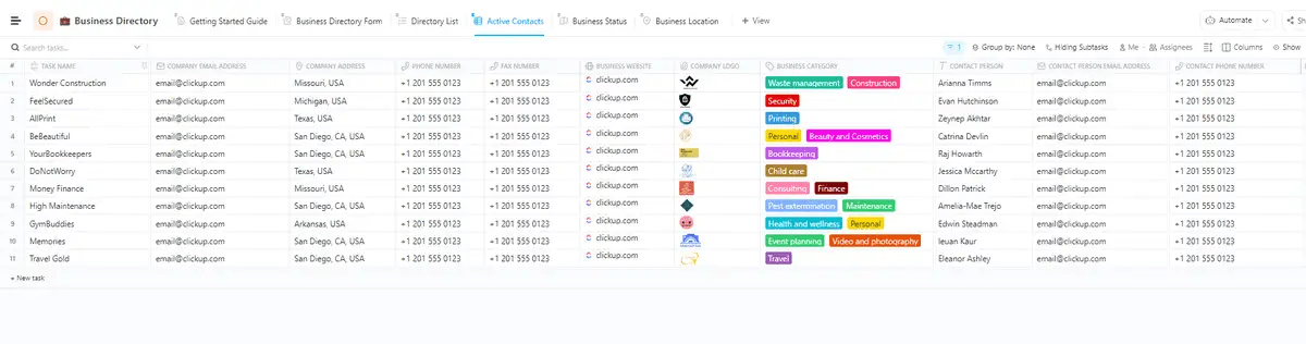 Kelola semua kontak mitra, vendor, dan klien dengan Templat Direktori Bisnis ClickUp gratis