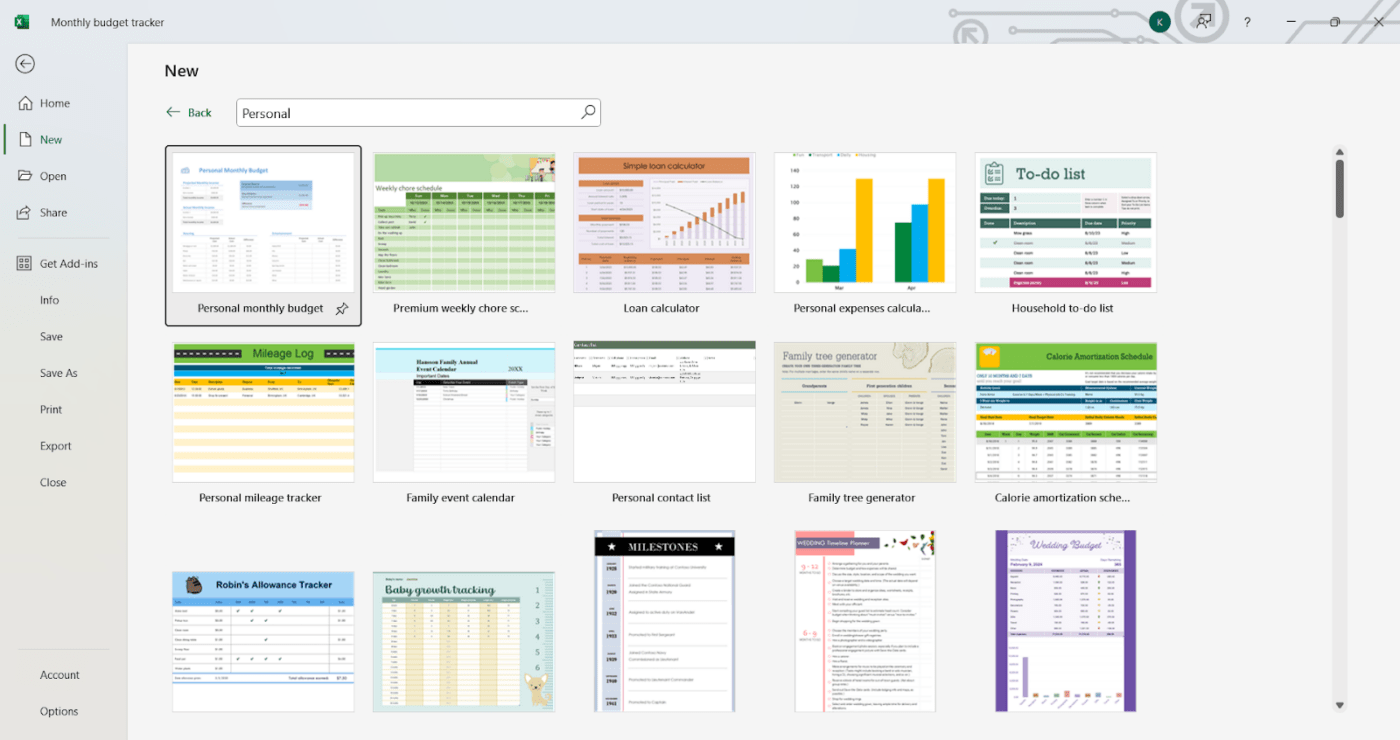 Wie man eine Vorlage in Excel erstellt: Verwenden Sie Ihre Excel-Vorlage aus dem Bereich "Persönliche Vorlagen" und geben Sie sie frei