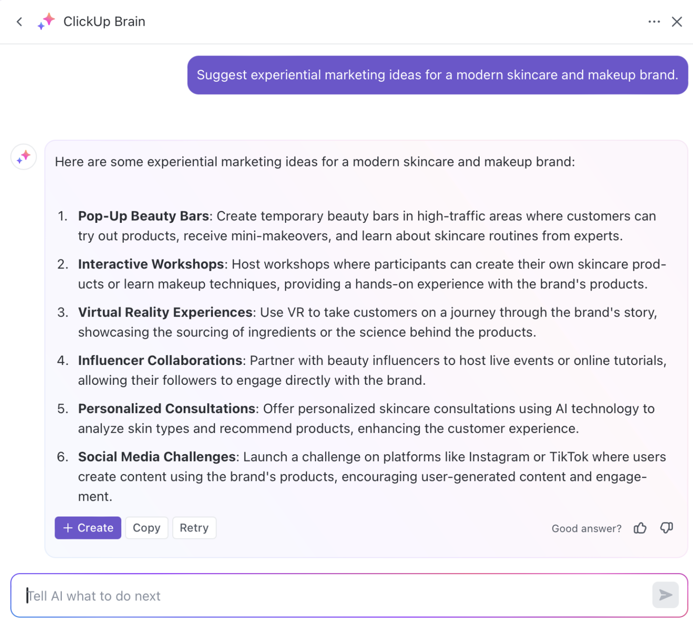 체험 마케팅 아이디어를 생성하기 위해 ClickUp Brain 사용