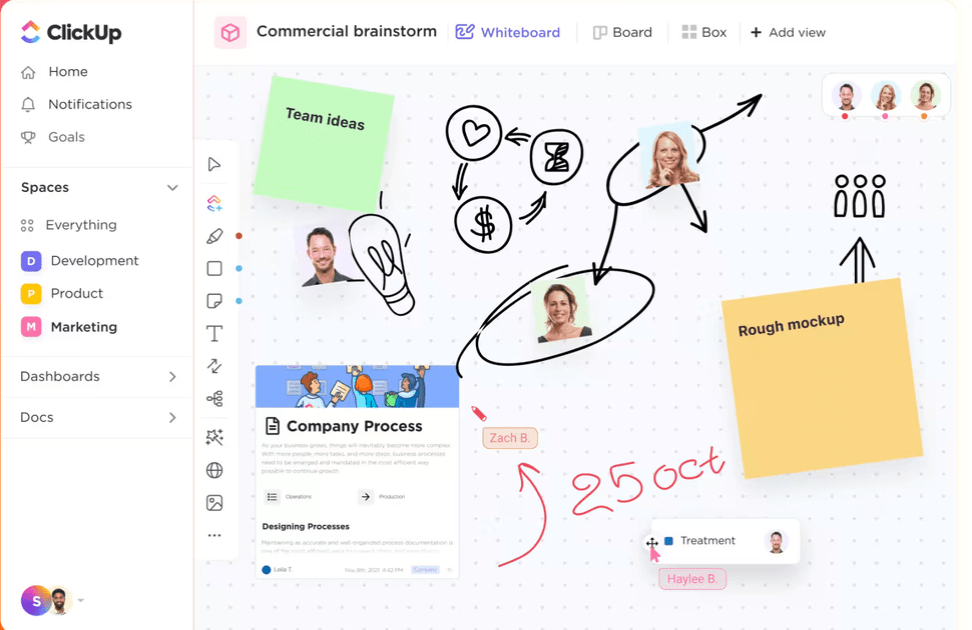 ClickUp Whiteboards for brainstorming, planning projects, or strategizing