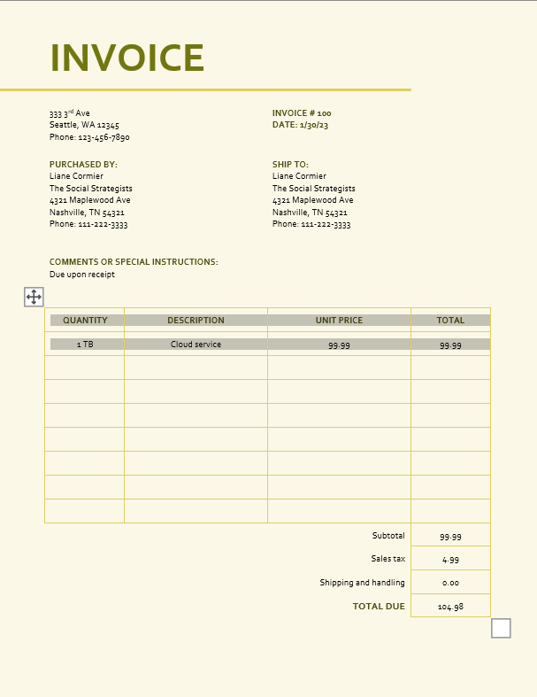 Invoice Templates Word: Microsoft 365  Basic Invoice with Sales Tax