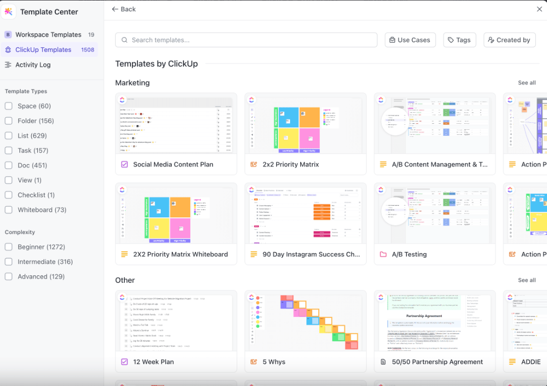 Acesse o Template Center do ClickUp para navegar por uma seleção de modelos para Spaces, Folders, Lists, tasks, Docs, views e checklists