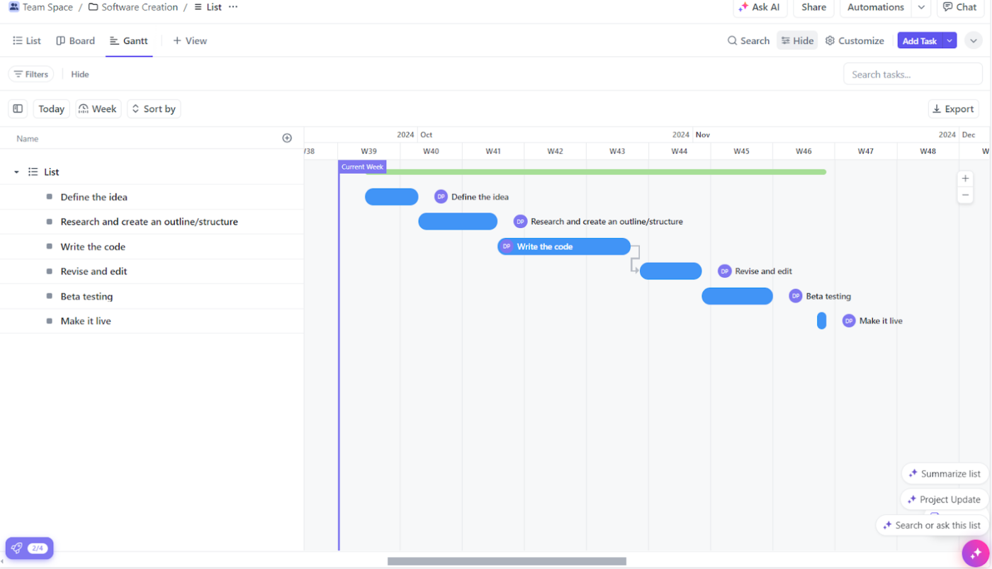 Pantau durasi tugas dan jadwal proyek dengan Tampilan Bagan Gantt ClickUp