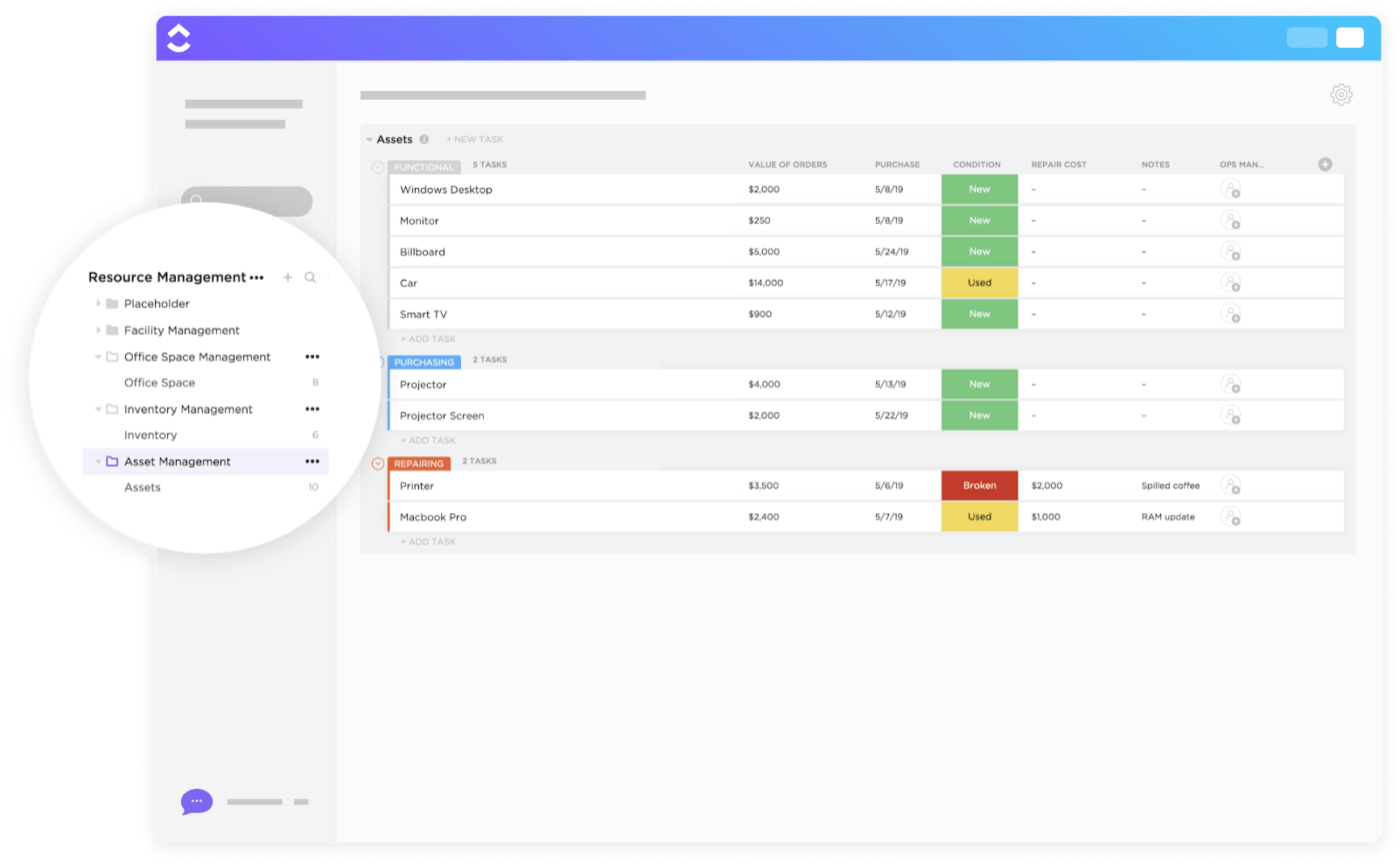 Plantilla de gestión de activos ClickUp para organizar y visualizar los activos informáticos