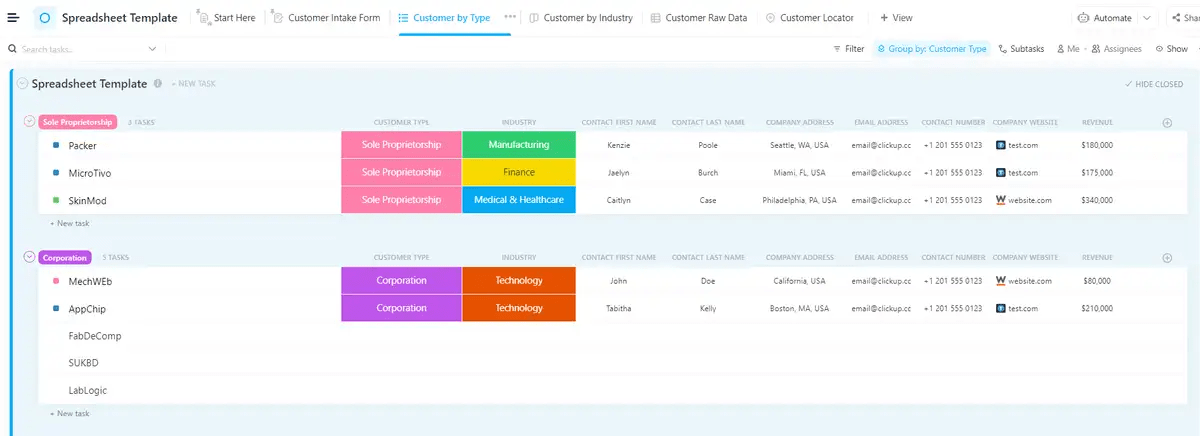 Gestite tutte le informazioni sui client in un unico posto con il modello di foglio elettronico ClickUp